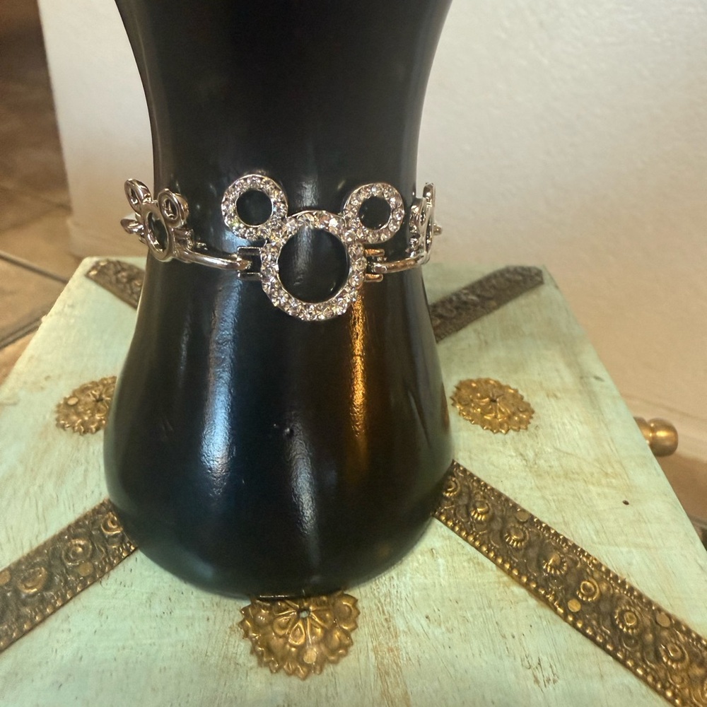 New Mickey Mouse Inspired Silver-Toned Bracelet w Rhinestones